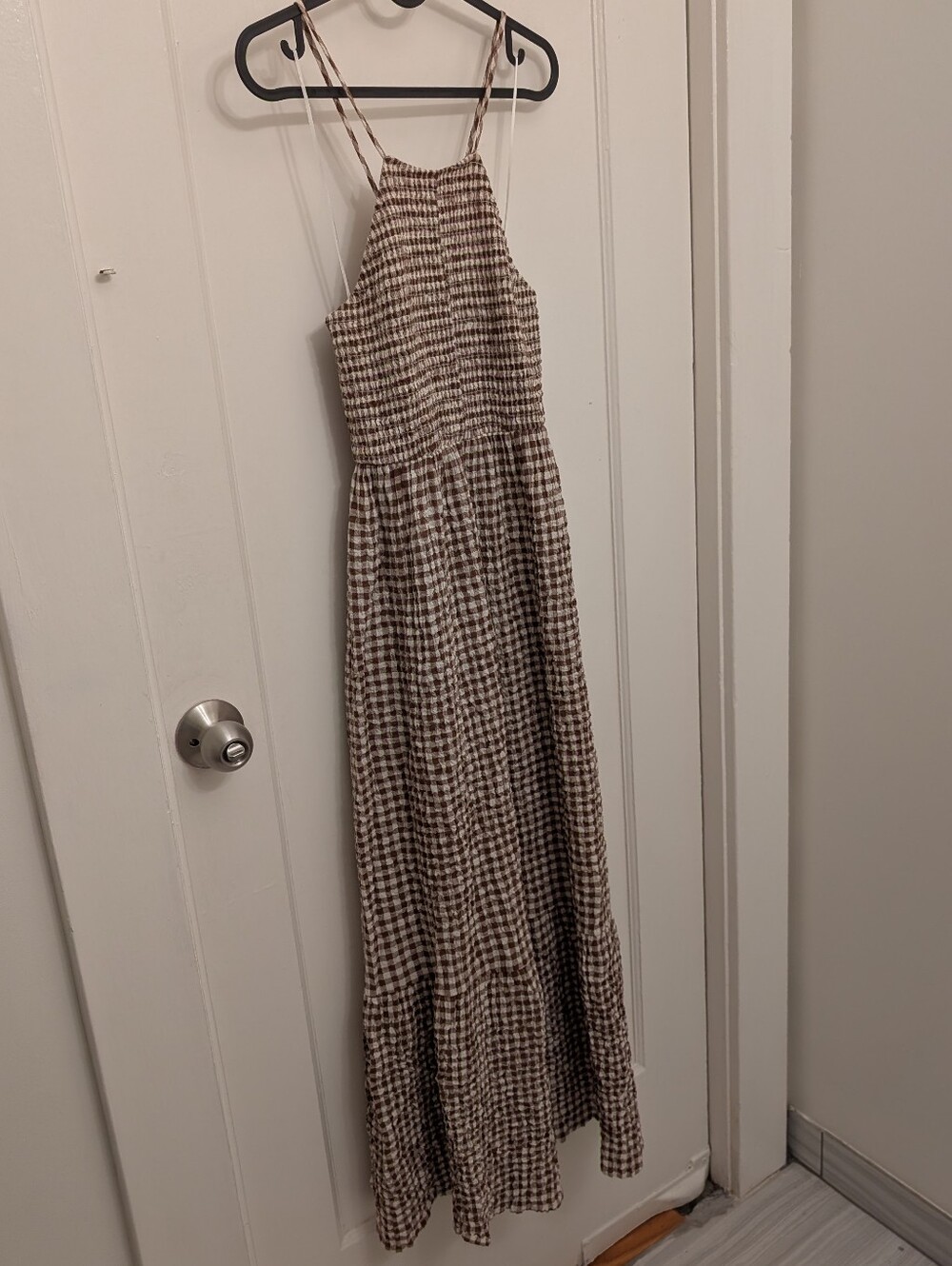 ZARA Brown Gingham Maxi Dress Women Size M Strappy Tiered Check Flowy Cotton Tie